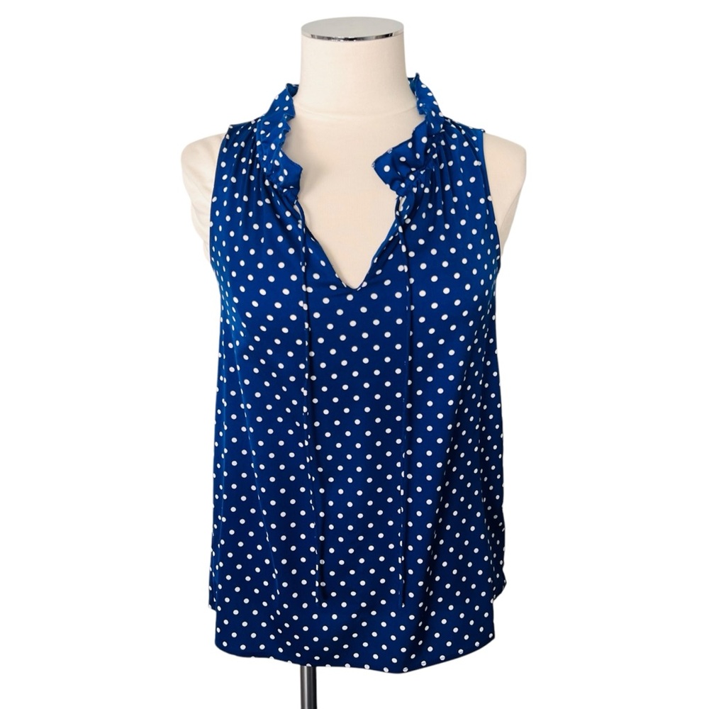 J. CREW FACTORY Polka Dot Ruffle Blouse Sleeveless Style A8174 Blue White Sz 0 - Picture 6 of 13